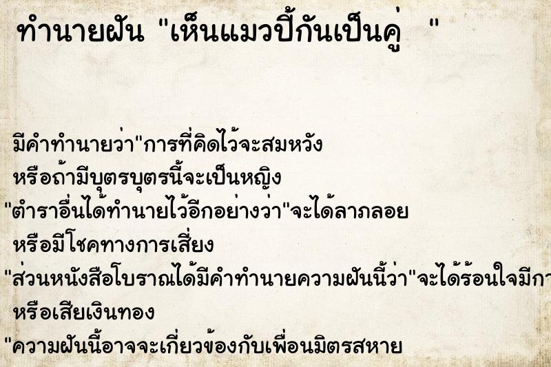 ทำนายฝัน เห็นแมวปี้กันเป็นคู่   ตำราโบราณ แม่นที่สุดในโลก